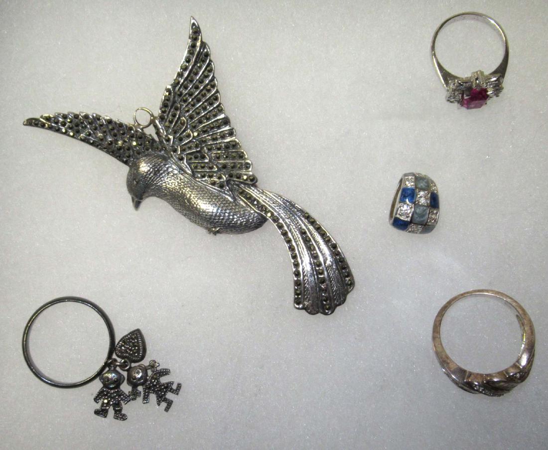 Sterling 5pc. Marcasite, Rhinestone Jew. Collection: Inc. Marcasite 3 1/4" Pin/Pendant & Sz. 8 1/4 Ring - 1/2" Rhin. Pendant - Sz. 8 1/4 & Sz. 5 Rhinestone Rings. All mrkd Sterling