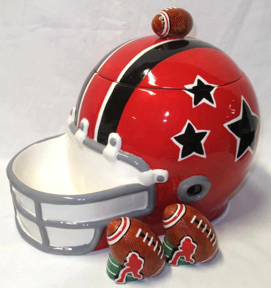 3pc Football Helmet Cookie Jar, S & P: 9 3/4"T Jar, 2 1/2"T Salt & Pepper Shakers