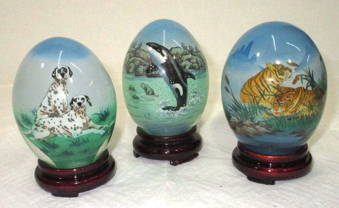 3 H.P. Oriental Glass Eggs: 4 1/2"T x 3 1/2"W w/ bases