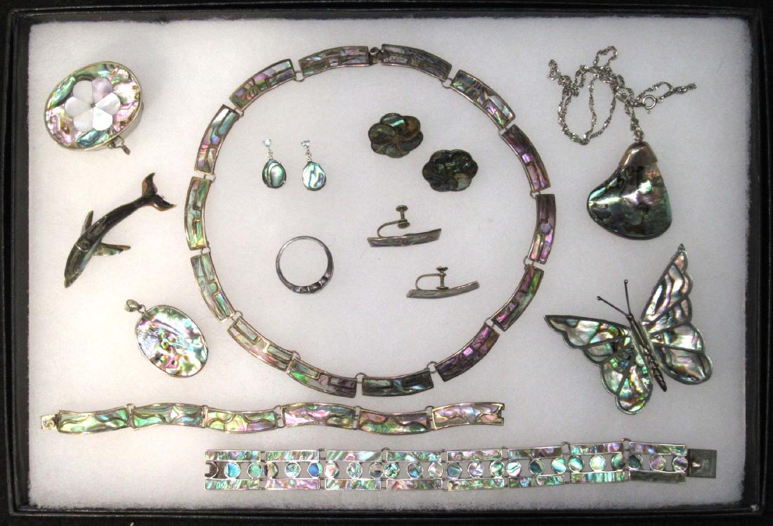 Sterling & Abalone Jewelry Lot: Artist Sgnd. 7 3/4" - 7 1/4" bracelets, Size 10 ring