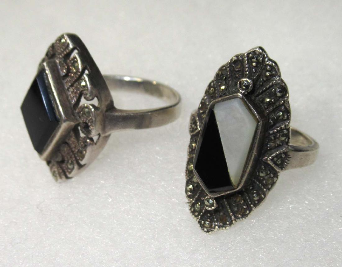 2 Sterling Marcasite & Onyx Rings: Size 6 1/2 & 8 1/2