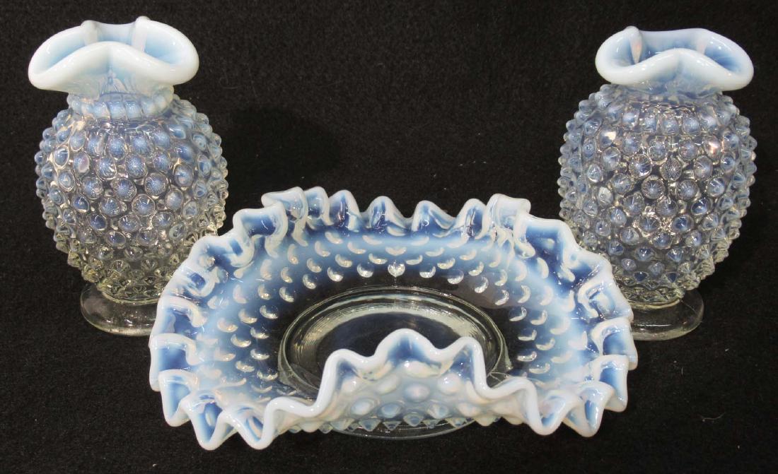 3pc Opalescent Hobnail Glass: 4"T vases, 5 3/4" dish