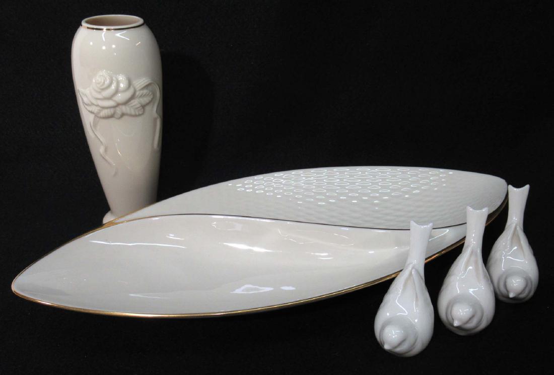 5pc Lenox Porcelain: 3 1/4"T birds, 7 1/2"T vase, 16 1/2" x 7 1/2" dish