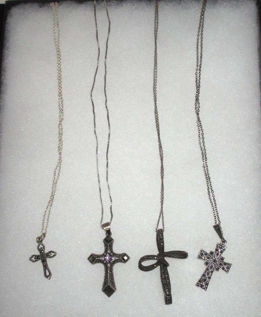 Lot of 5 Sterling & Marcasite Cross Necklaces: 16"L - 18"L, 1 1/4" - 1 1/2" pendants