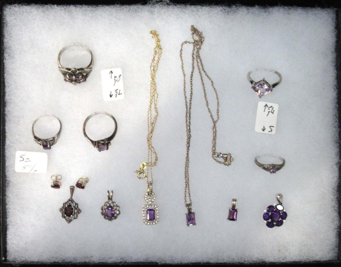 12pc Sterling & Amethyst Jewelry: 5 rings size 5, 5 1/2, 7 1/2, 7 1/2, 8 1/2, 2 pendant necklaces, 4 pendants & pr earrings
