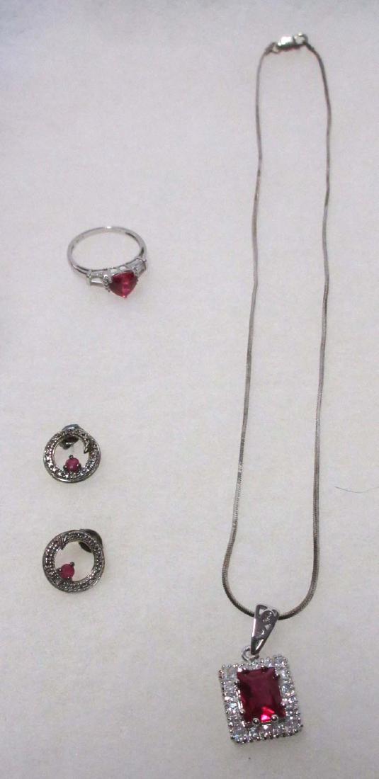 Sterling & Synthetic Ruby Necklace & Ring: Size 7 ring, 1 1/4" Genuine Ruby Earrings, 15" necklace