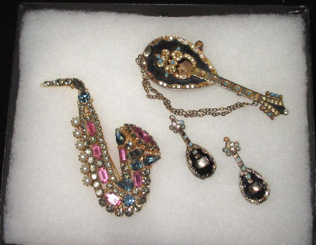 Rhinestone Saxophone Pin & Mandolin Pin & Earrings: Pins & Earrings