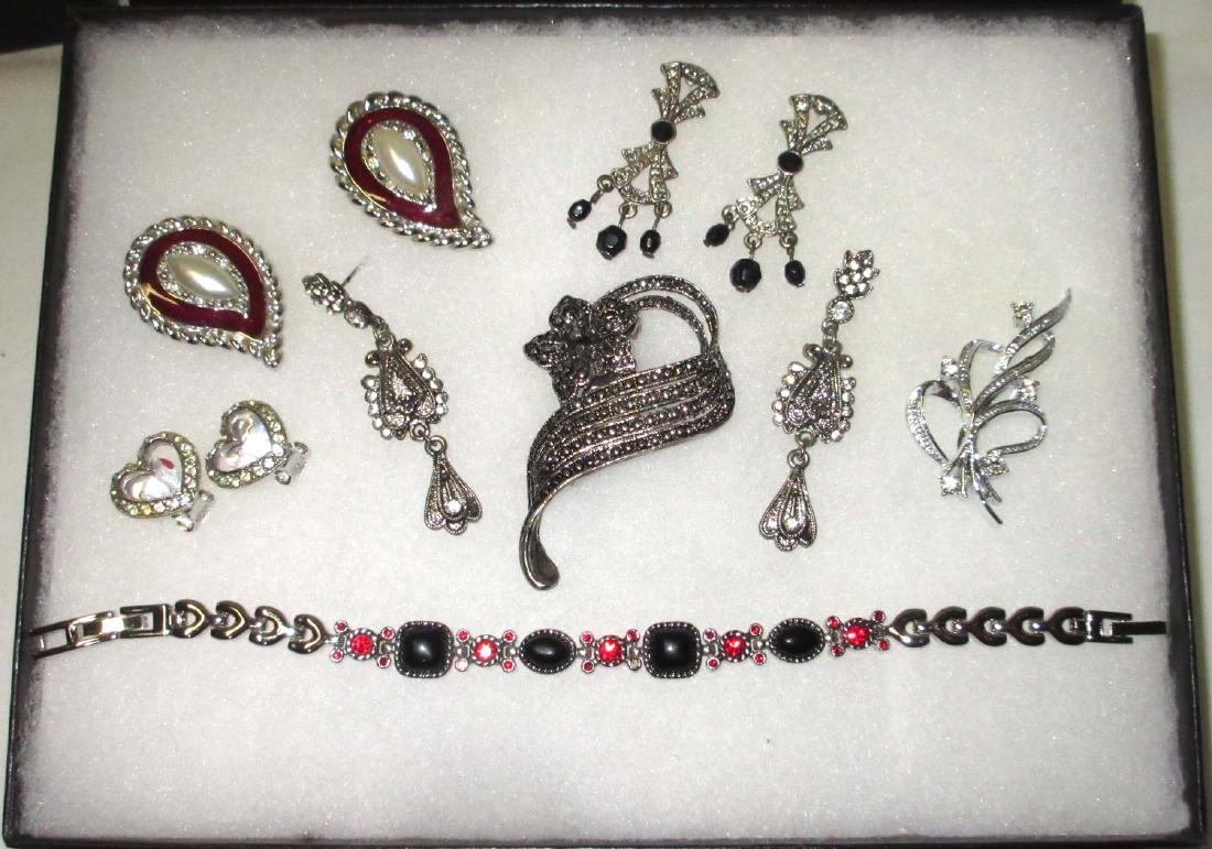 Marcasite & Red Jewelry: 4 pins, 2 pins, 1 bracelet