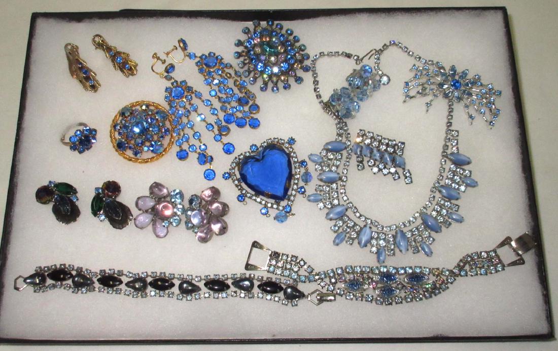 14 pc Ice Blue to Cobalt Rhinestone Jewelry: Individual lovely Givre Necklace and Bracelet. Cobalt Heart Brooch, Sweater Clips, Cobalt Ring 4 pc earrings & 3 Pins
