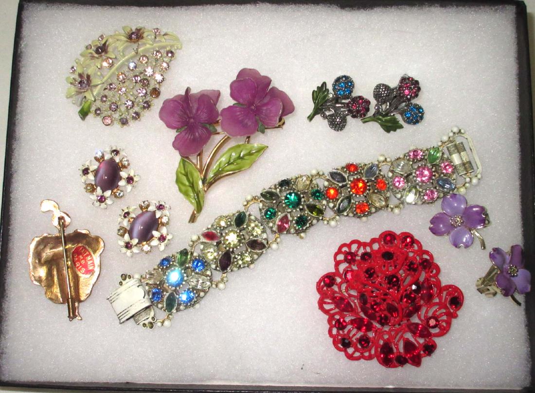8 pc Enameled Jewelry, Hollycraft, Trifari & more: Individual Trifari Pin, Hollycraft earrings, bracelet ,2 other brooches & 2 pairs of earrings, Paris pin