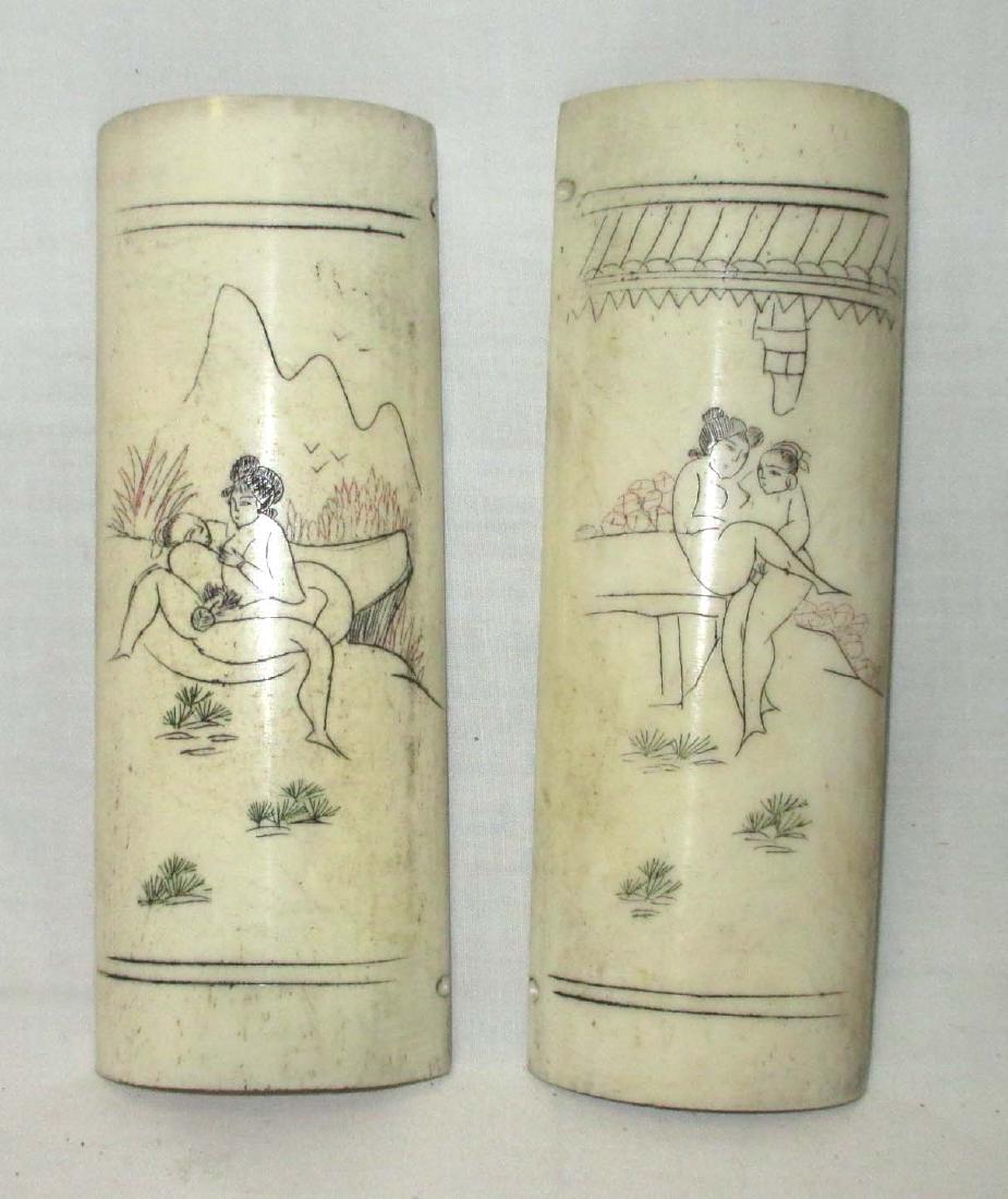 2 Carved Ox Bone Erotic Oriental Items: 5" X 2"