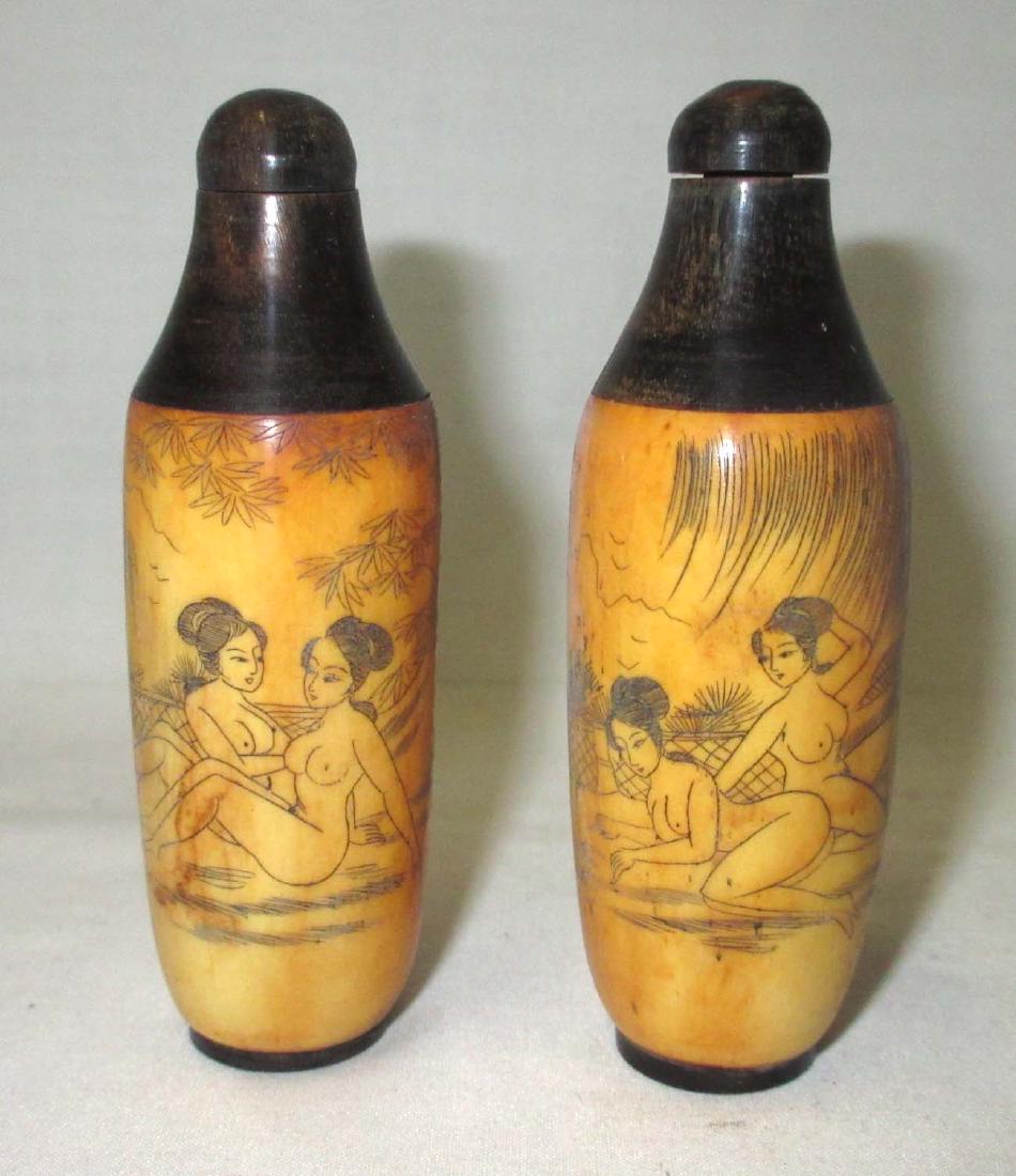 2 Erotic Ox Bone Snuff Bottles: Both 3 1/8" T