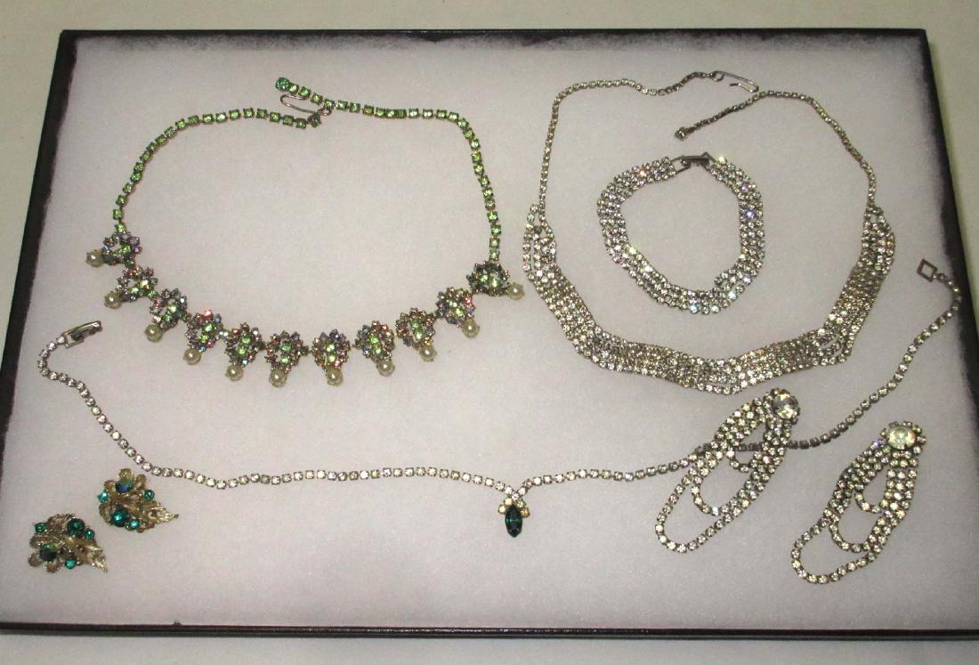 6 piece Delicate Petite Rhinestone Jewelry: Includes 15 3/4" Beautiful AB Green Faux Pearl Necklace and Delicate Baby Clear Rhinestone Choker w/Bracelet and earrings . Green Marquise Necklace and Lisner Earrings