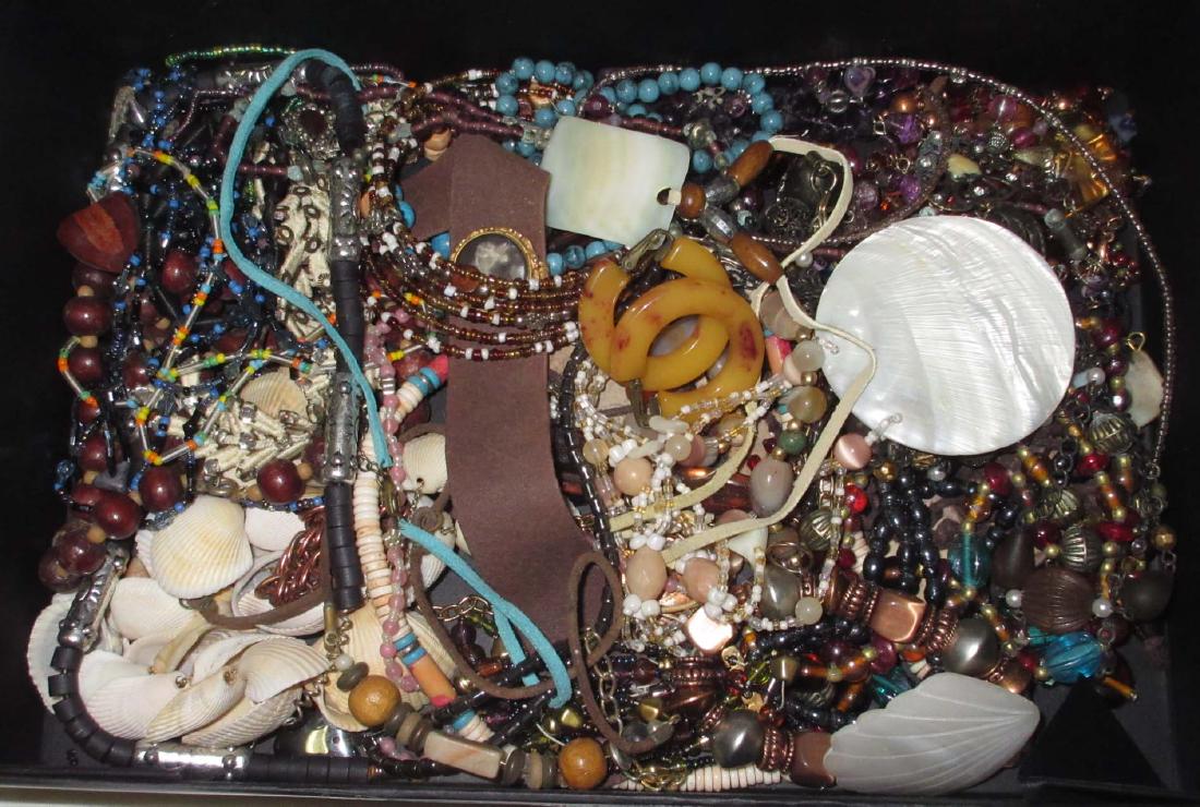 Box of Bohemian / Natural Rhinestone Jewelry: Mother of Pearl Glass Bead Bohemian Necklaces, Earrings, Pendant & Bracelets. Too Many to Count! NICE!