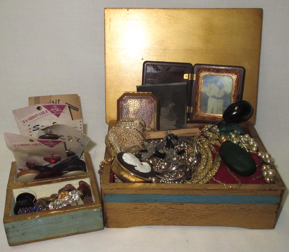 Music Box & Misc Vtg Jewelry, Perfume, Buttons, etc..: Working Music Box, of 3 Faux pearl Chokers, Perfume Bottle and Top, Pill Box, Small Daguerreotype Box, Vintage Buttons, Glass, Vict, Rhinestone