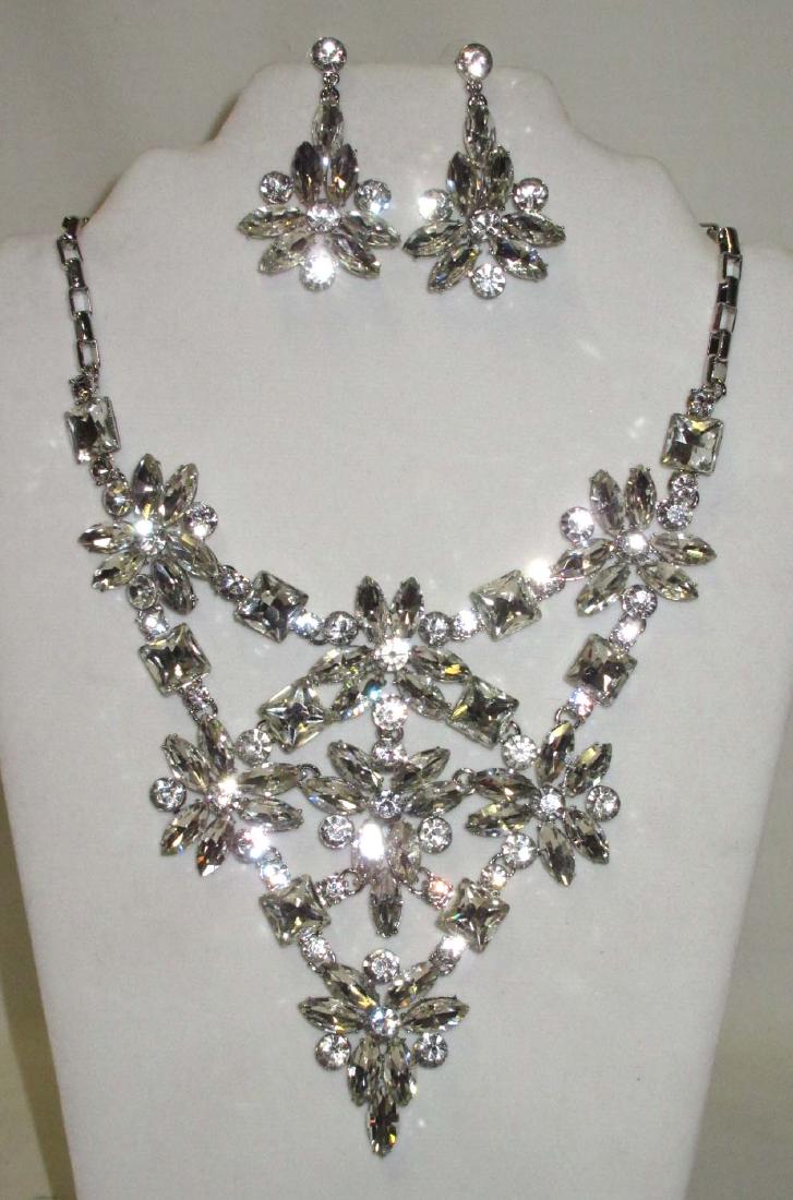 Rhinestone Necklace & Earring Set: 12" choker w/ 5" drop, 2 1/2" earrings