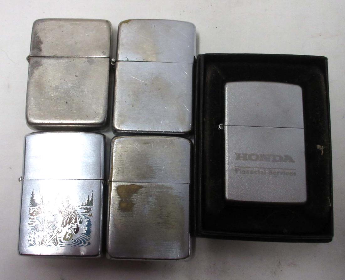 Lot of 5 Zippo Lighters: Honda one is new, all factory label. 2 1/4" x 1 1/2"