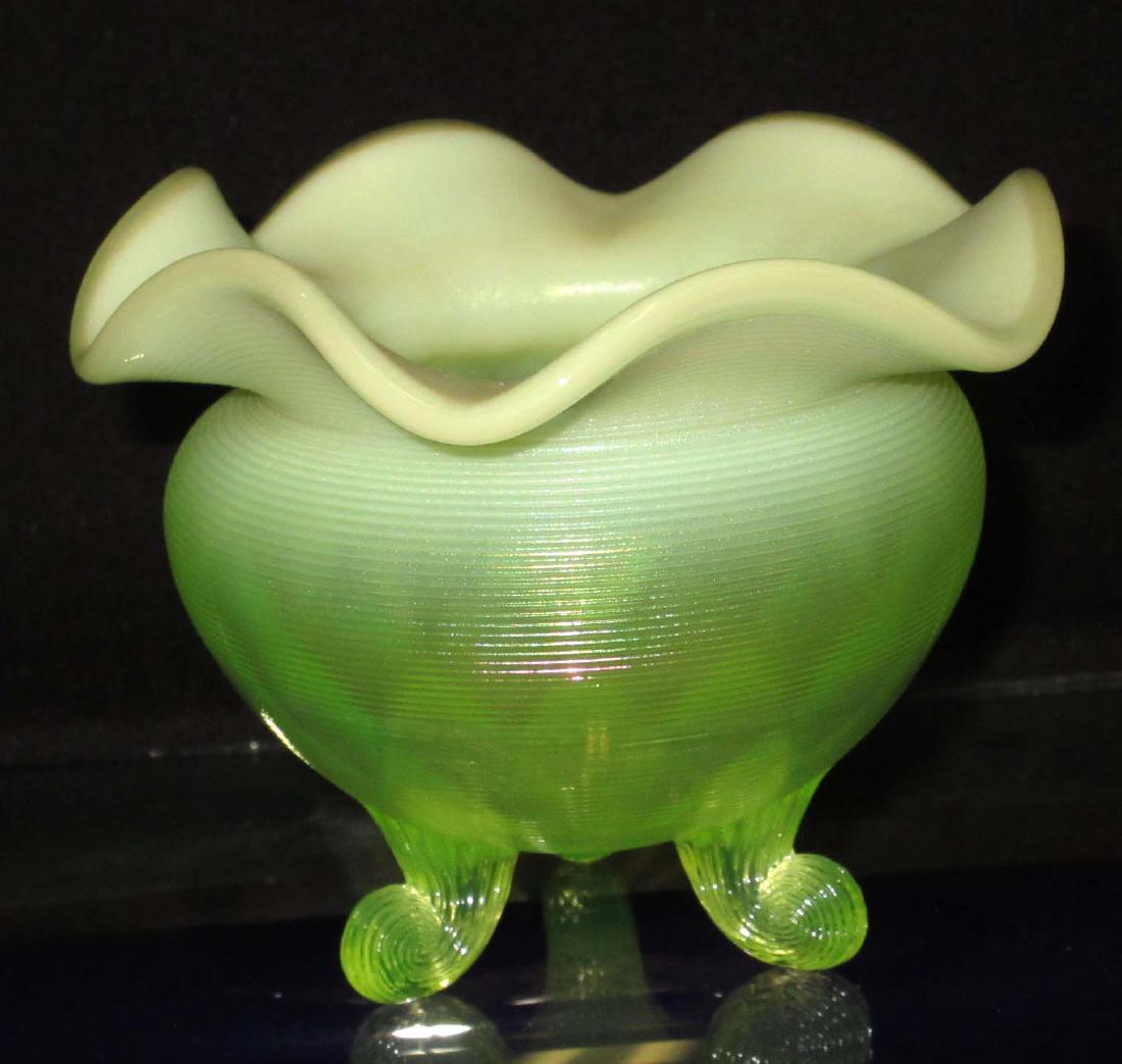 Fenton Vaseline Opalescent Footed Vase: 4"T x 5 1/2"W