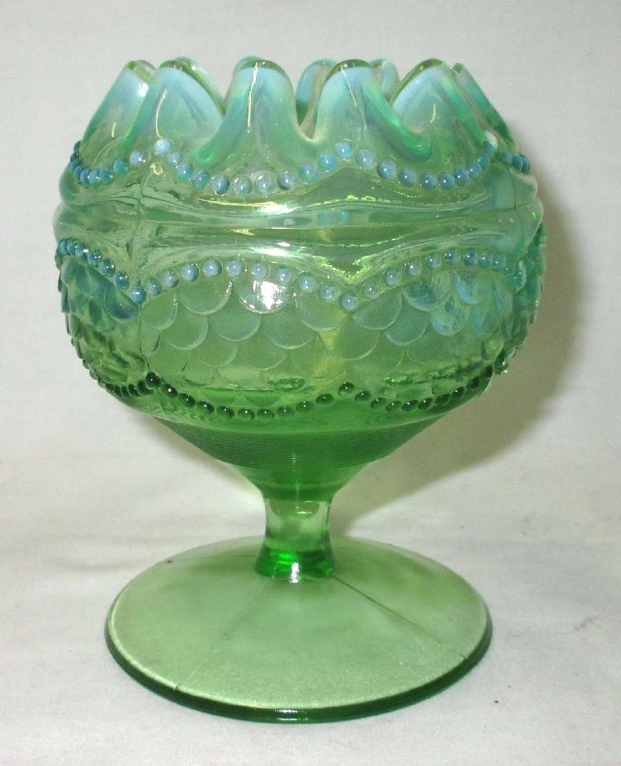 Fenton Green Opal. Pedestal Rose Bowl: 4 1/2"T x 3 1/4"W