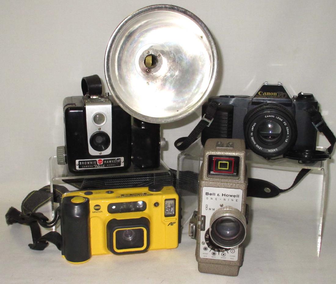 4 Cameras: Brownie Hawkeye, Cannon T-50 Minolta AF, Bell & Howell one nine. 4pc