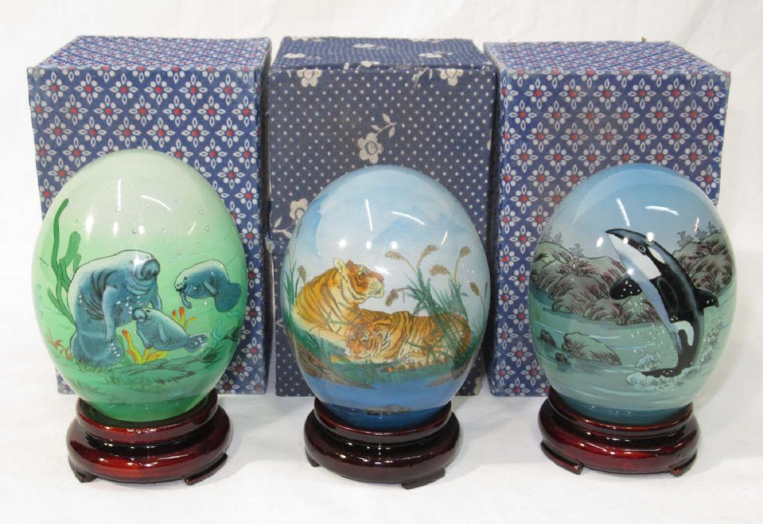 3 Reverse Painted Oriental Eggs w/ Stands: 4 1/2"T when on stand