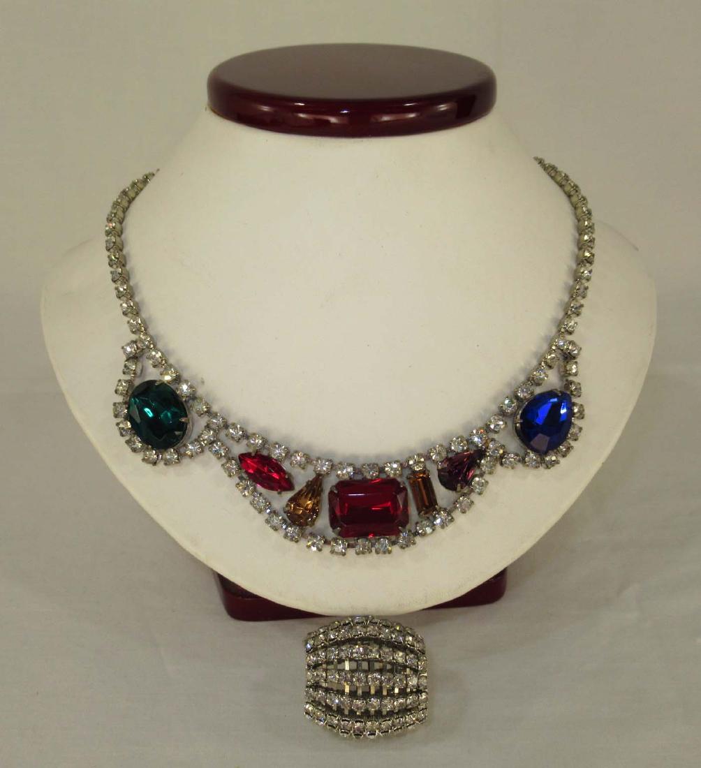 Gorgeous! Rhinestone Necklace & Enhancer Pendant: 7" x 1" Multi-Colored Rhinestone Choker & Great Barrel Shaped, Rhinestone Covered 1" W Pendant/Enhancer