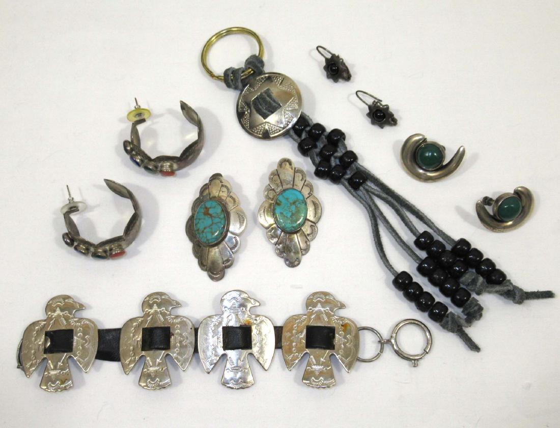 4 Pr. Sterling Multi-Stone Earr.'s & More: Inc. 1 1/2" Lapis/Coral/Onyx/Malachite Sterl. Earrings - 2" Turquoise Ster. Earr's,- 2 Pr.s of Sterling Stone Earrings Plus Stamped Un-Mrkd. Keychain & Bracelet