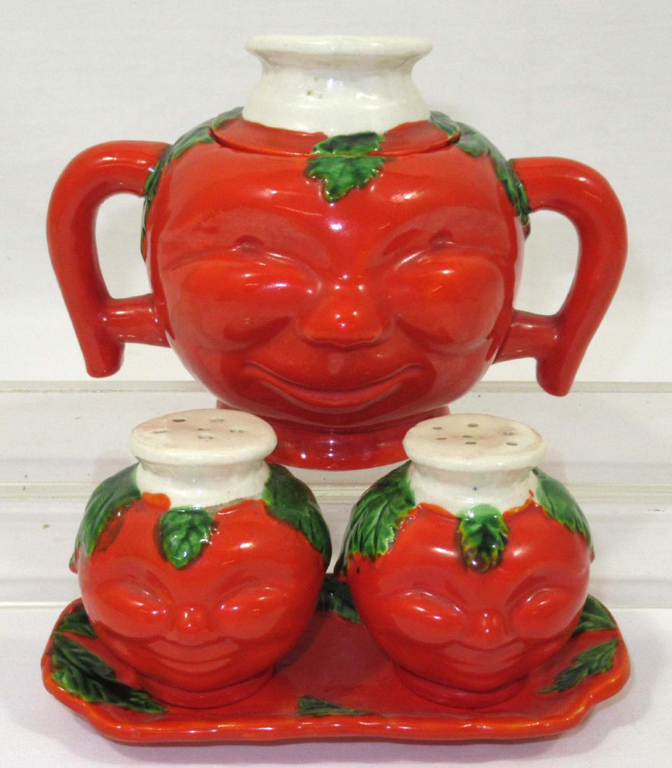 Tomato Condiment Set: 4"T x 5 1/2"W sugar, 2 1/2"T S&P