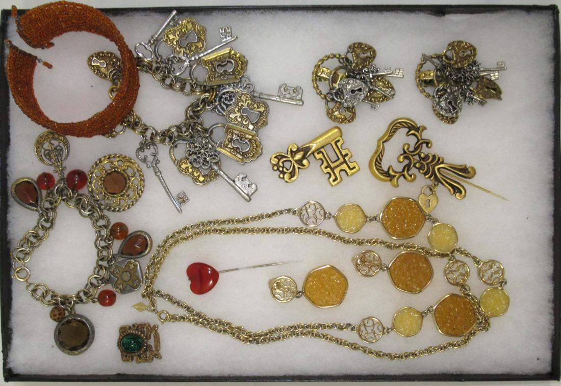 Great! Lock & Key Jew., S.Cov.,Charm Brac.: Inc. Taste of Honey Sarah Cov. Neck. Set, Lock & Key Charm Bracelet & Matching Earrings, Amber Gls. & Ornate Goldtone Stick Pin's and Additional Charm Bracelet. 2 harvest pc.s