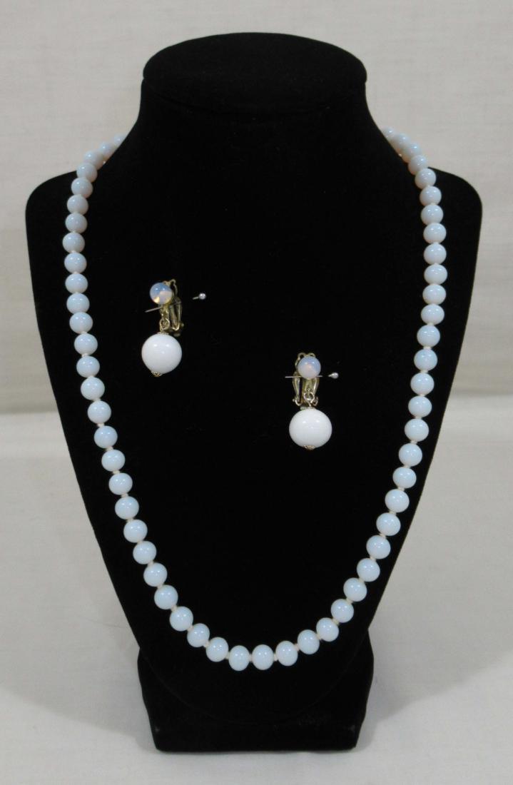 Lovely Moonstone Neck & Earr.: 22" Hand Tied Moonstone Bead Necklace w/ 1 1/4" Milk Glass and Moonstone Earrings.
