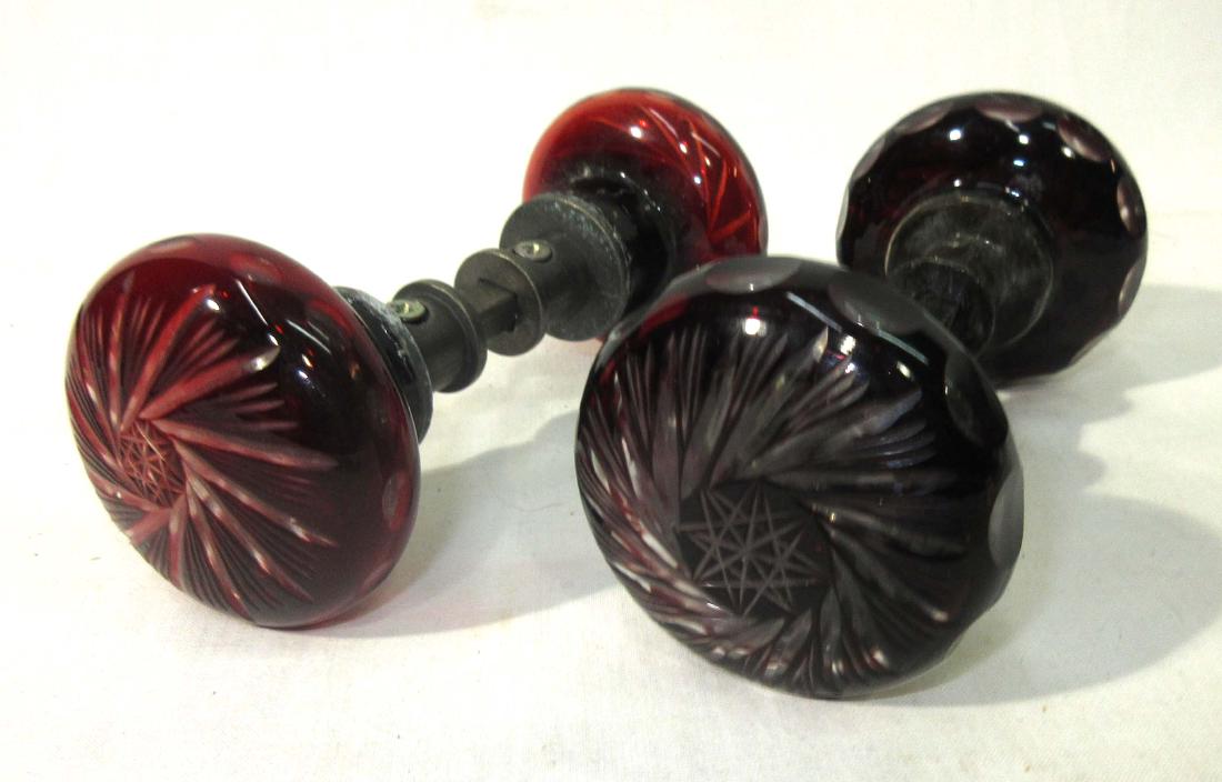 2 Sets Red Cut to Clear Glass Door Knobs: 5" x 2 1/2"W