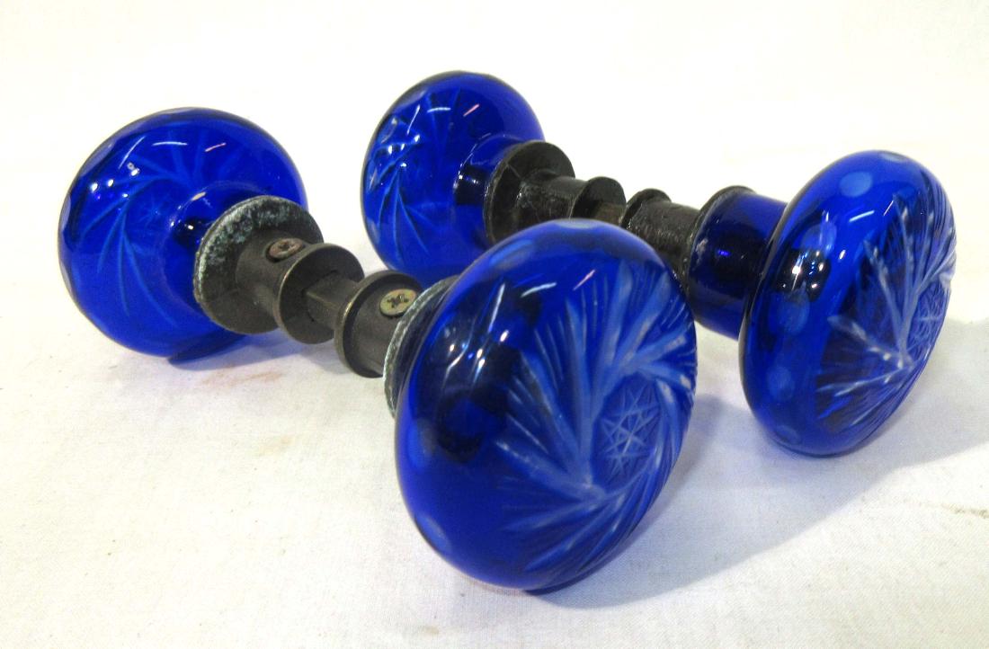 Pr of Cobalt Cut to Clear Door Knobs: 5 1/2" x 2 1/2"W