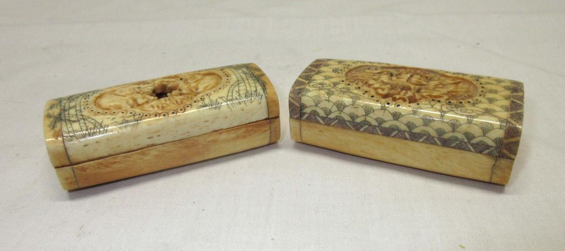 2 Carved & Scrimshaw Ox Bone Boxes: 1 1/4" x 2 3/4"
