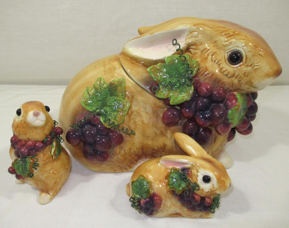 Bunny Cookie Jar + 2 Bunny Figures: 8"T x 11 1/2" x 7", 3 1/2"T & 5"T