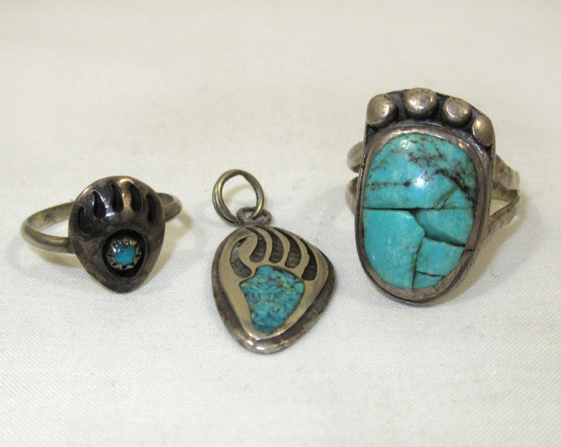 3pc Navajo Silver & Turq. Bear Paw Rings & Pendant: Not Marked size 5 & 7