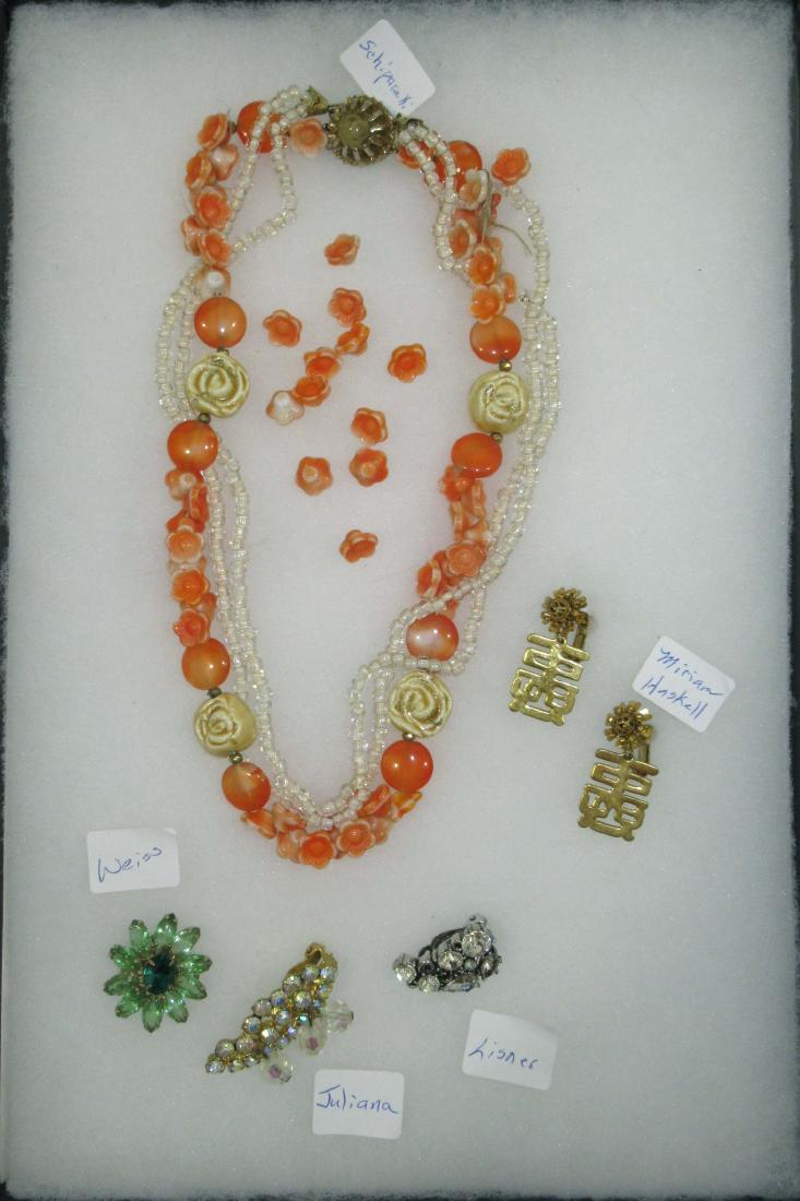 Miriam Haskell Oriental Earr's-: Inc. Miriam Haskell 1 1/4" Oriental Motif Earrings (very good condition) PLUS- Sgnd. Schaiparelli Glass Bead Necklace for repair, Single Juliana, Weiss & Lisner Rhinestone Earrings for Harvest.