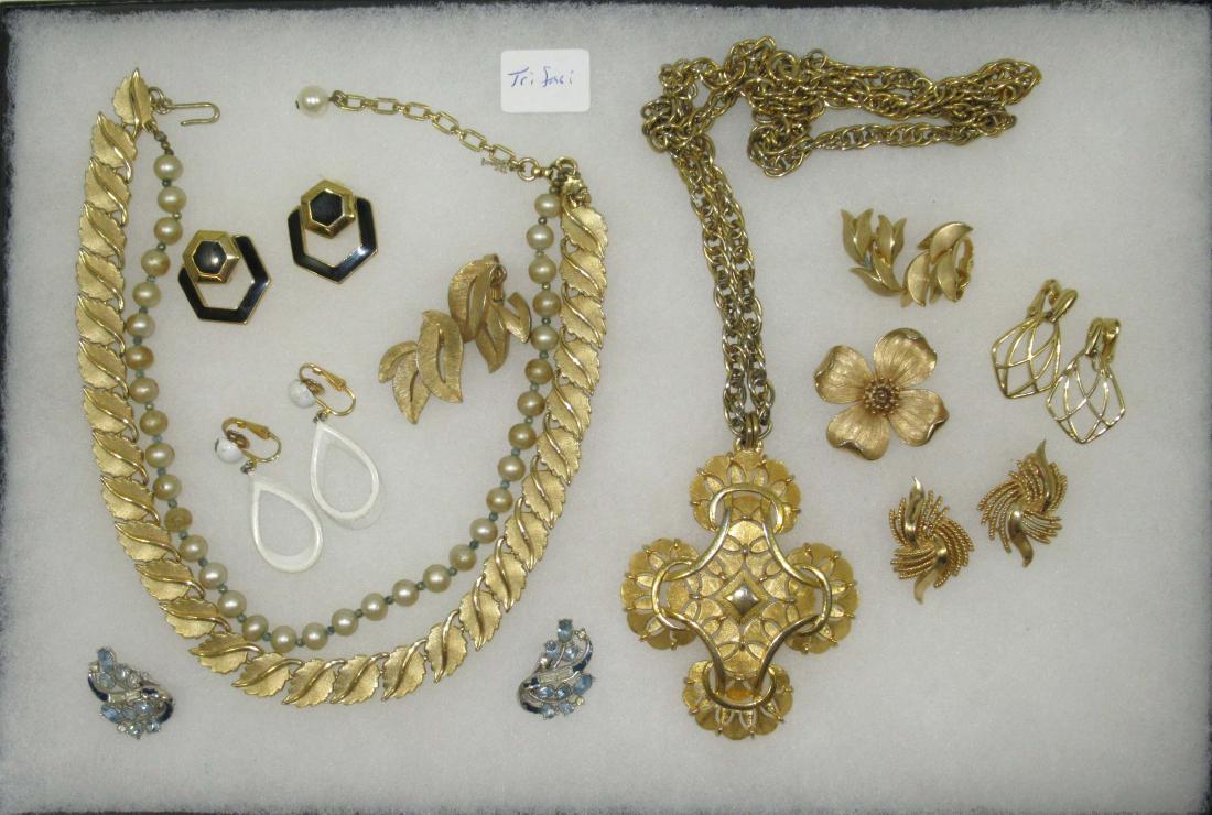 Bold Trifari10pc Jewelry Collection: Inc. Heavy 3" Maltese Cross on 28" Chain, Dogwood Pin, 7pr.s of Earrings & Faux Pearl & Goldtone Leaf Choker. All Sgnd. Trifari