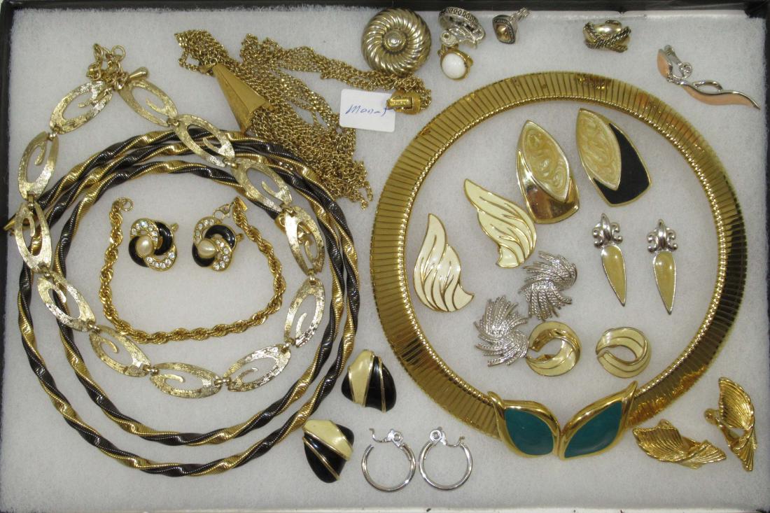 WOW! 36" MONET Necklace +13 Pc's of MONET: Inc. 36" Snakeskin, Coiled, Black & Gold Necklace, Great Snakeskin Choker w/ Green Lucite Clasp, 9 Pr.'s of Enameld,Goldtone Earrings, 7" Brac., 2 Additional Necklaces & 6 odd Earrings. All sgnd MONET