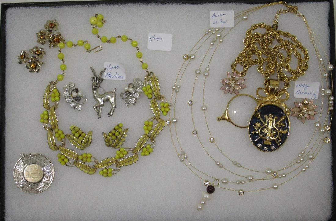 Vtg. CORO & Nolan Miller 9pc: Inc. 2" Sterling Coro Brooch,13" Yellow Enamel/Bead Choker w/3 1/2" Ext. & Matching Earrings. - Floating Faux Pearl NOLAN MILLER Necklace , 3" Spy Glass Enameled Pendant on Heavy 24" Chain Sgnd Nolan