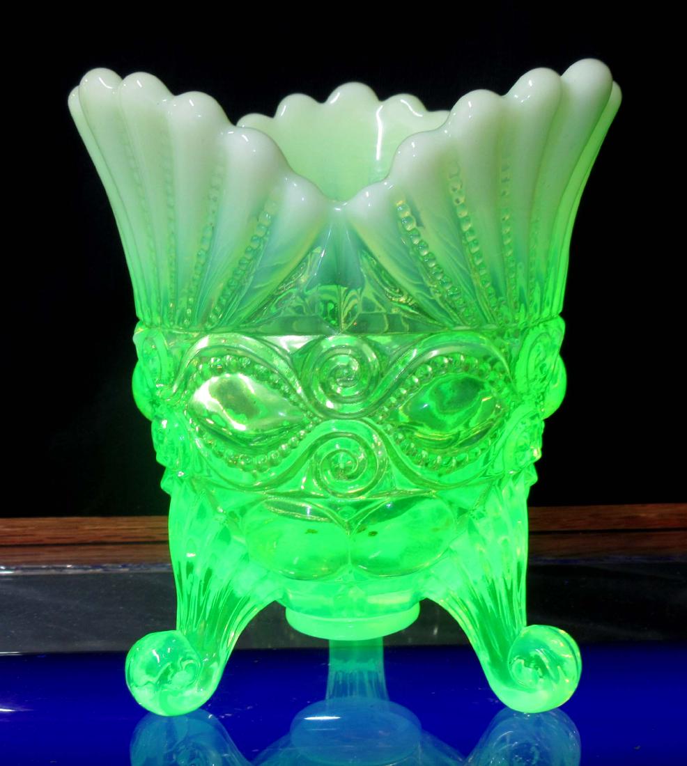 Vaseline Opalescent Mosser Glass Spooner: 6"T x 5"W