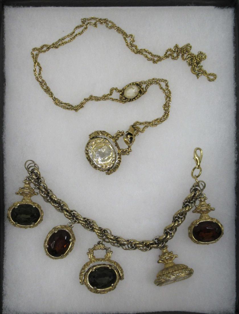 FOB Charm Bracelet & Necklace: Inc. 7 1/2" Bracelet w/ 1 3/8" FOB's (Some With Faceted Glass) & 32" Cameo Slide Necklace w/ FOB Charm.