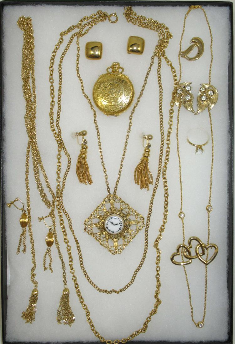 Do You Have The Time? Goldtone Jewelry: Inc. Dbl Strand Necklace w/2" Faux Clock Pendant - Stamped 2" Faux Pocket Watch Perfume Pendant - Goldtone Tasseled Necklace & 2 Pr.'s of Tassel Earrings- Size 7 Solitaire Ring & More.