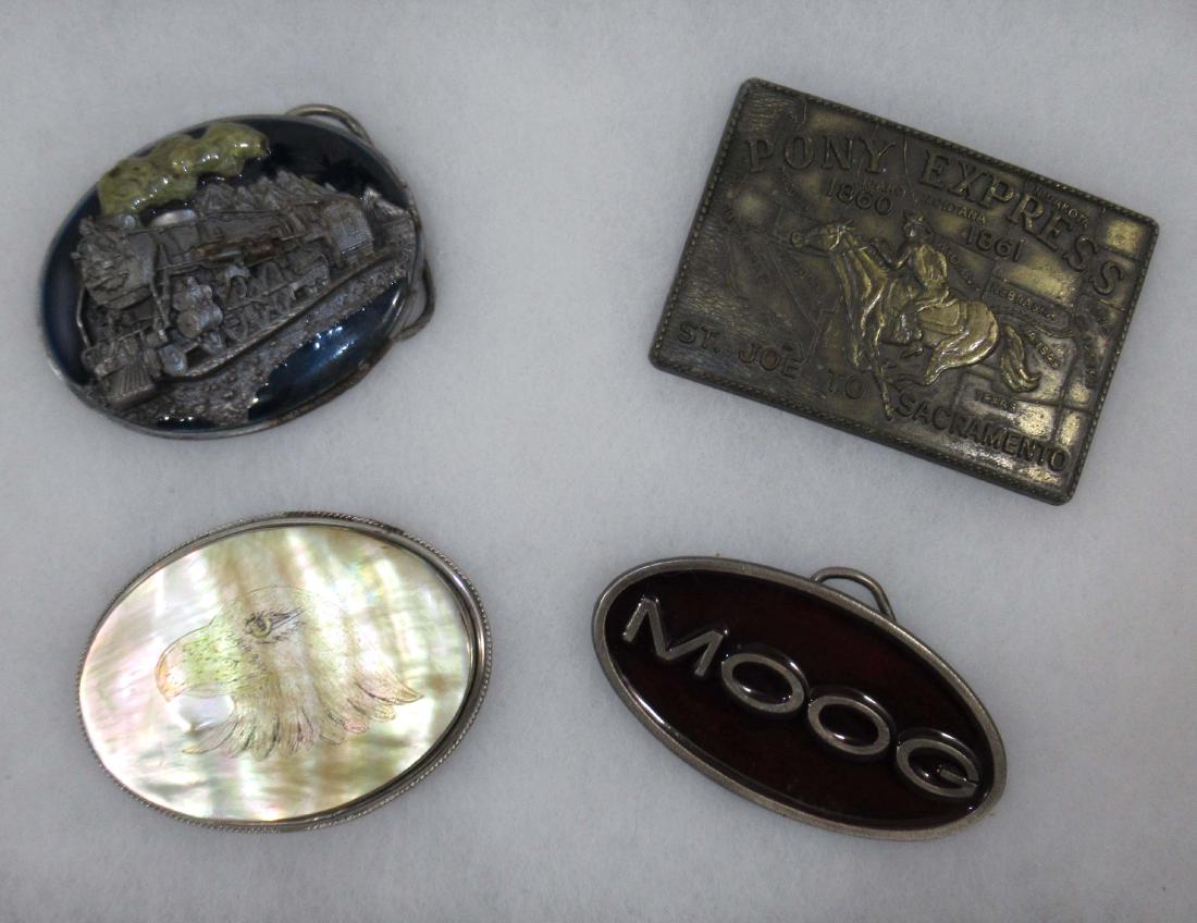 4 Men's Belt Buckles,inc. Abalone w/Eagle: Inc. 3" Bezel Set in Silvertone Eagle on Abalone Buckle, Heavy, Dimensional "SISKI YOU" 1988 Train Buckle, 3 1/2" Pony Express Buckle, 3 1/2" Enameled MOOG Buckle