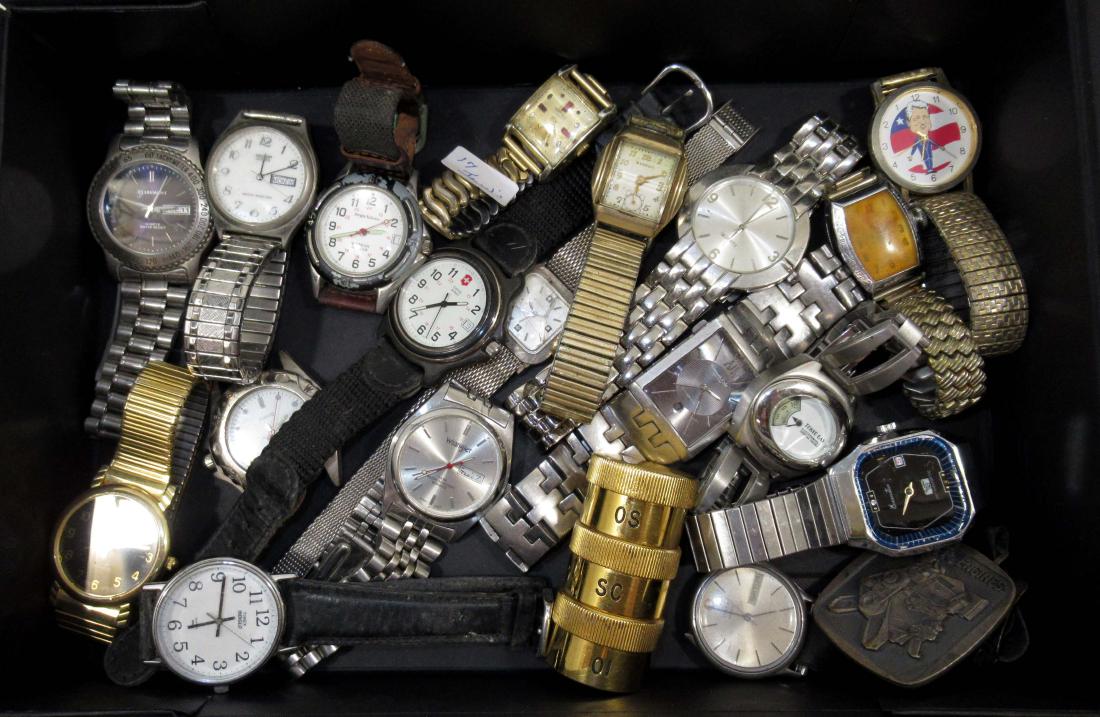18 Men's Watches & Watch Grease Cont.: Inc. 17 Jewel Sheffield, Benrus, Swiss Army & More