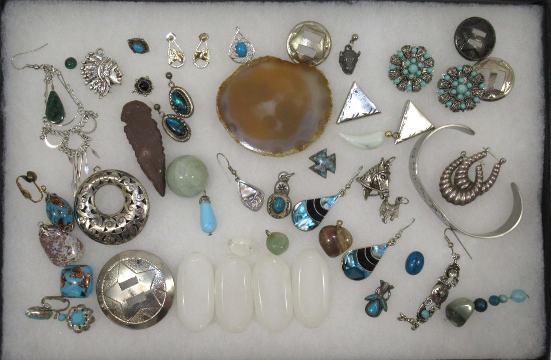 FULL Display of Turquoise, Semiprecious Stone Jewelry: Inc. Cross Cut Sect. of Agate 2 1/2" Belt Buckle - 1 1/4" Inlaid Abalone Earrings - 15/16" Agate Marble - Pendants, Bracelet & Several ODD Pc.'s