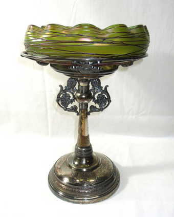 Antique Glassware Collectibles Threaded Loetz Brides Bowl On Stand Antique Glassware Collectibles Threaded Loetz Brides Bowl On Stand