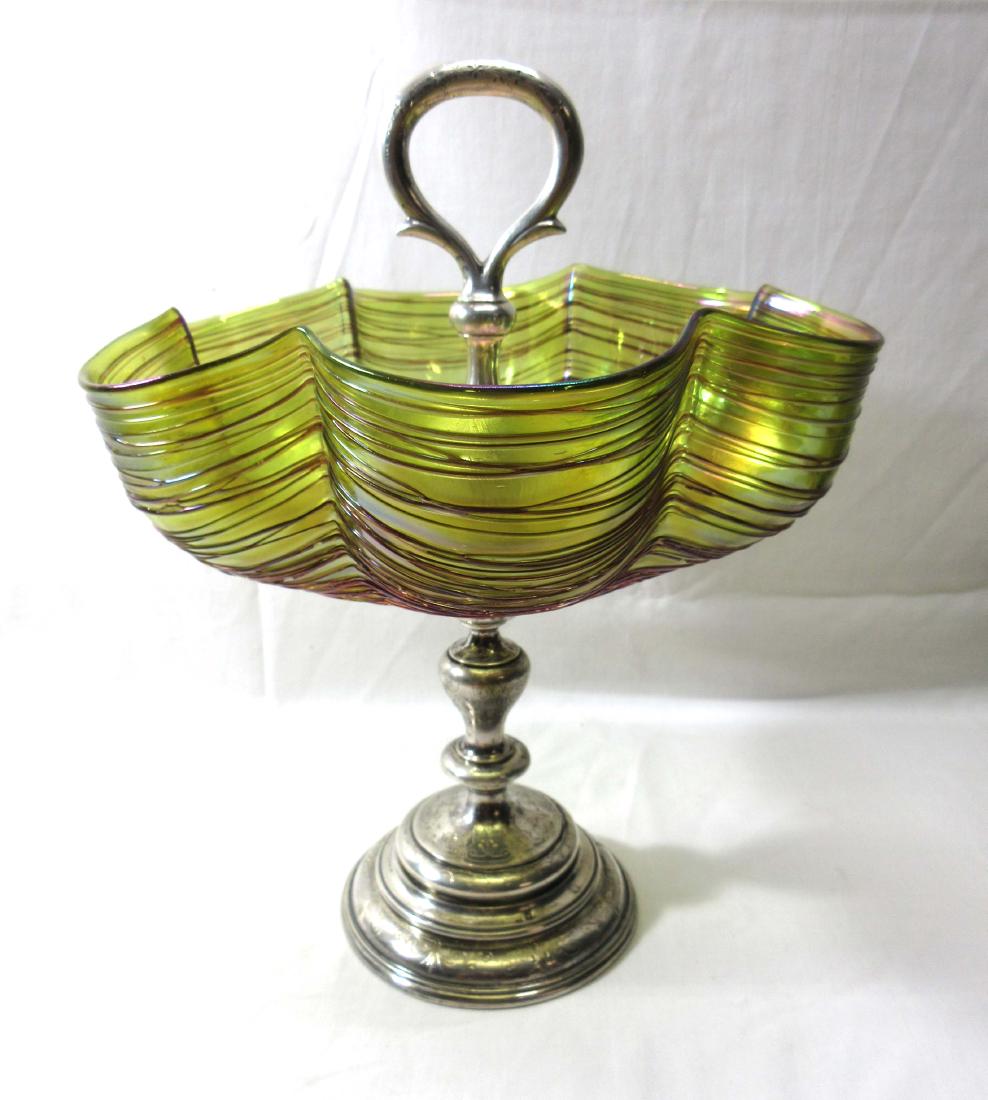 Threaded Loetz Brides Bowl on Stand: 13"T x 11"W