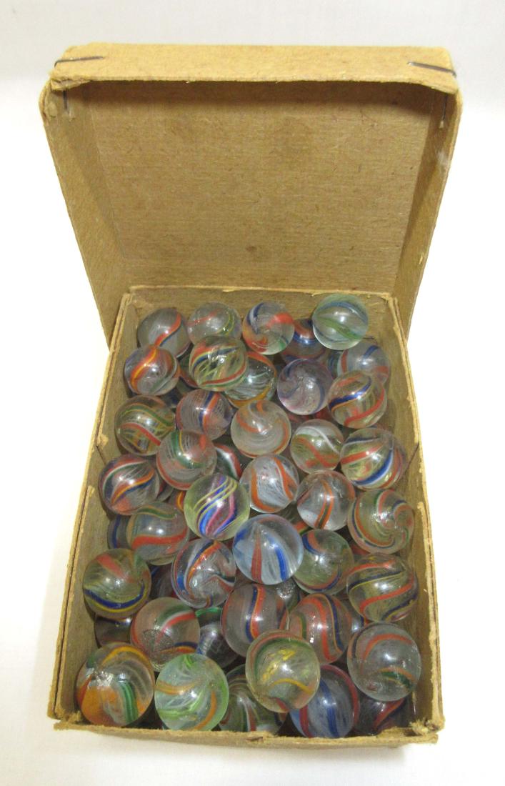 Orig. Box of 100 German Swirl Marbles: 2" x 3" x 4" box