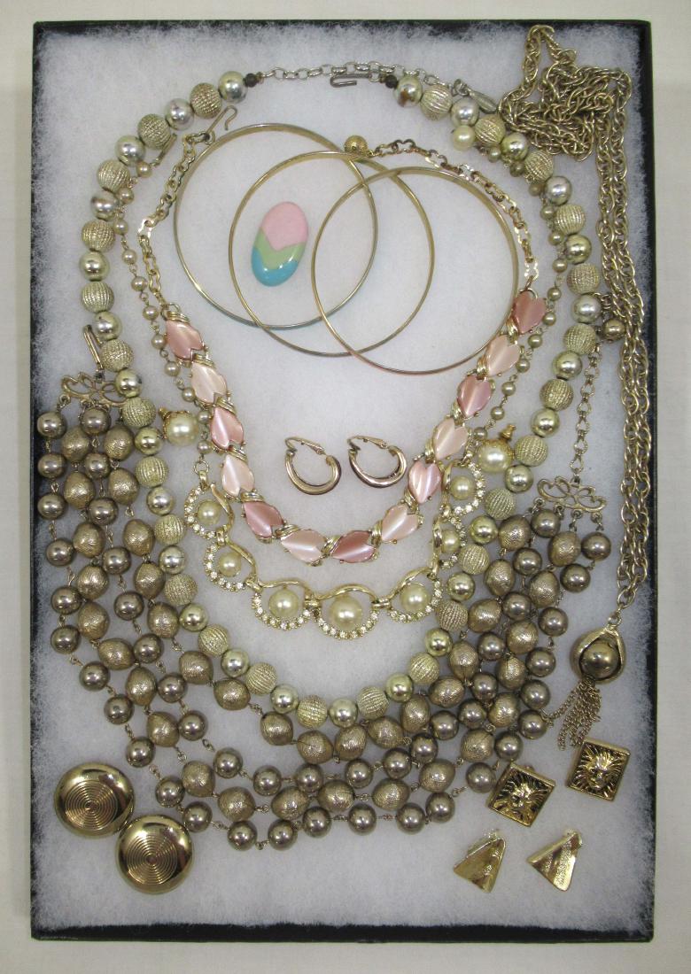 Classic Vintage Jewelry Collection,12pc: Inc. 2 5/8" Enameled Bracelets in Pink,Blue & Turquoise - Thermoset Choker- Faux Pearl/Rhinestone Choker- Great 4 Strand Textured Ball on Chain Necklace - 4 Pairs of Earrings & 2 More Necklaces