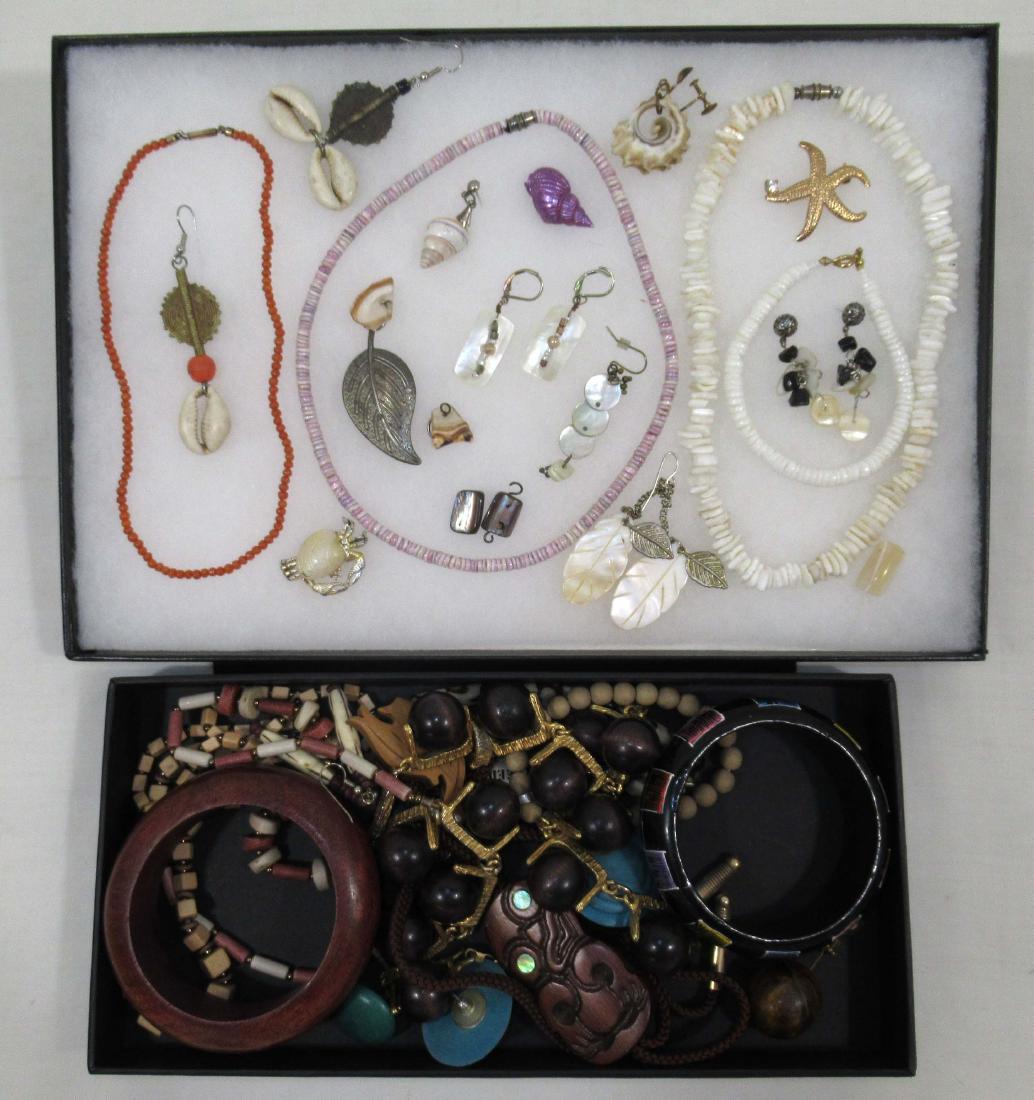 Lg. Lot Shell-Wood-Coral Jewelry: Inc. Shell Chokers, Coral Bead Choker, Misc. MOP Single Earrings- 2 Wooden Bangle- Great Wood Bead & Goldtone 18" Neck. & More